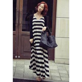Bohemian Style V-Neck Black And White Stripe Spaghetti Strap Cotton Blended Women's Dress