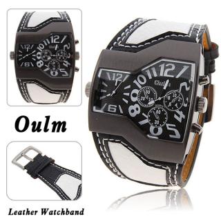 Oulm Multi-Function Dual Movt Leather Wrist Watch with Black Quartz Dial for Male (White)