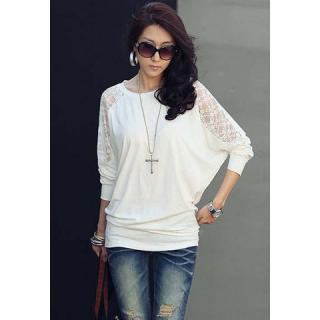 Elegant Style Batwing Lace Splice Long Sleeve Cotton Blend T-Shirt For Women