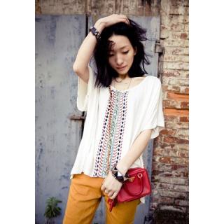 Casual Style Loose-Fitting Embroider Embellished Short Batwing Sleeves Women's T-Shirt 