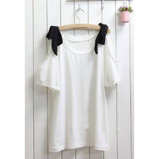Sexy Off The Shoulder Bowknot Embellished Scoop Neck Short Sleeve Women's T-Shirt 