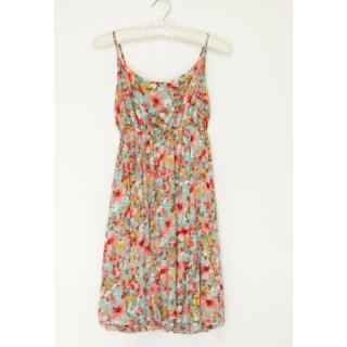 Sweet Style High Waist Ruffle Design Tiny Floral Printed Cotton Blend Women's Spaghetti Strap Dress 