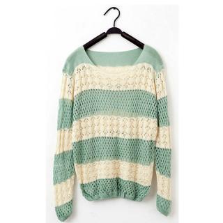 Sweet Style Loose-Fitting Color Splicing Openwork Fish Net Knitting Women's Sweaters