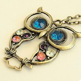 Colorful Rhinestone Embellished Owl Pendant Vintage Sweater Chain