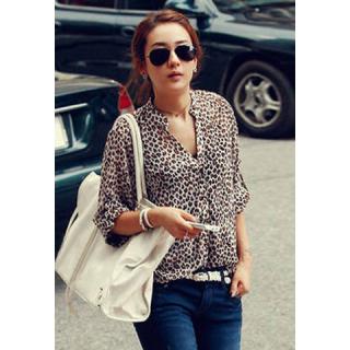 Stylish Leopard Print Stand Collar Flanging Long Sleeve Chiffon Women's Blouse 