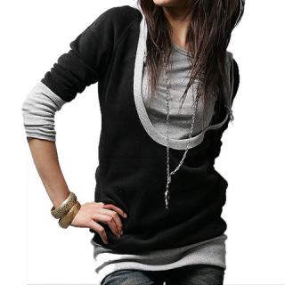 Preppy Style Scoop Neck Splicing Color Matching Hooded Long Sleeves Black Brushed Women's Hoodies