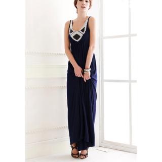 Bohemian Style Sequined Scoop Neck High Waist Women's Navy Maxi Dress