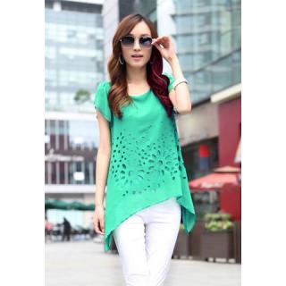 Stylish Solid Color and Openwork Round Neck Flounce Short Sleeve Women's T-Shirt