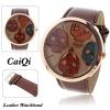 CaiQi Leather Analog Watch with Strips Indicate Time Round Quartz Dial for Unisex - Brown