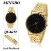 Mingbo Men's Watches with Numerals Hour Marks Black Quartz Dial Steel Band (Golden)