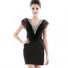 Elegant V-Neck Rhinestone Embellished Lace Design Sleeveless Skinny Black Shusu Women's Dress