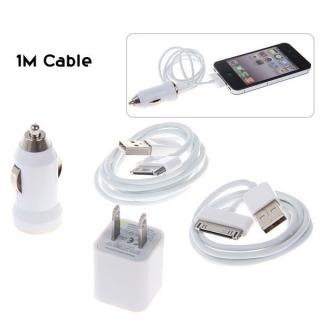 4 in 1 US Standard USB Power Adapter, 2PCS 1M USB Cable and Car Charger for iPhone 4/4S, 3G/3GS - White