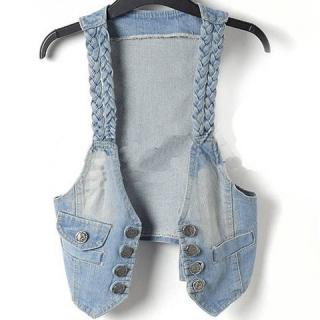 New Style Knitting Pattern Buttons Embellished Light Blue Jeans Women's Waistcoat