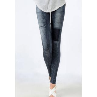 Retro Style Imitated Jeans Patch Design Elastic Slimming Women's Leggings