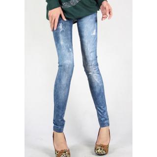Column Elastic Broken Hole Design Imitated Jeans Women's Leggings