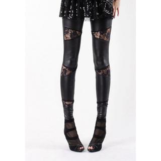 Sexy Style Elastic Slimming Openwork Triangle Lace Splicing Faux Leather Women's Leggings