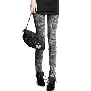 Retro Style Splicing Pattern Design Elastic Imitated Jeans Skinny Women's Leggings