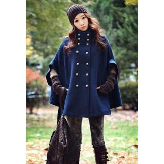 Loose-Fitting Stand Collar Double-Breasted Worsted Women's Cloak
