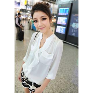 Stylish V Neck Long Sleeve Ruffle Embellished Solid Color Chiffon Shirt For Women