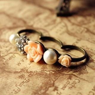 Retro Stunning Style Flower Pearl and Rhinestone Embellished Three Finger Design Finger Ring For Women