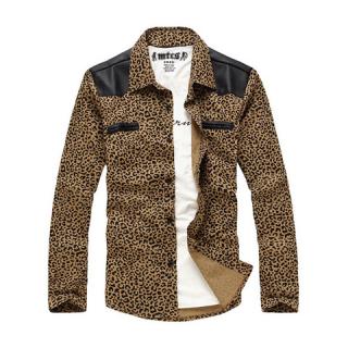 Korean Style Personalized Leather Splice Long Sleeve Leopard Pattern Shirt For Men