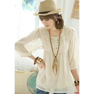 Fashionable Scoop Neck Lace Embellished Three Quater Sleeves High Waist Chiffon Women's Blouse