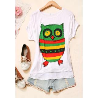Casual Loose Fitting Owl Printed Scoop Neck Short Sleeve Cotton Women's T-Shirt