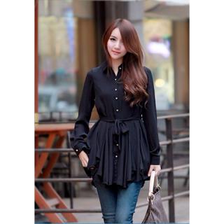 Elegant Style Solid Color Flouncing Hem Long Sleeve Chiffon Women's Shirt Dress