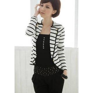 Graceful Black-White Stripe Design Lapel Collar Long Sleeves Women's Blazer
