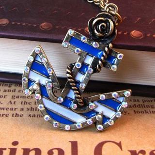 Retro Style Rhinestone Inlaid Anchor Shape Pendant Necklace