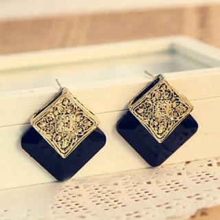 Retro Style Ruby Inlaid Suqare Shape Stud Earrings For Women