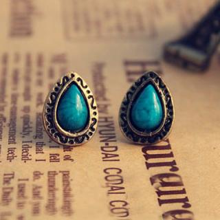 Bohemia Retro Style Ruby Inlaid Waterdrop Shape Stud Earrings For Women