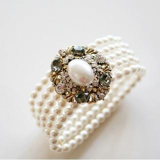 Gorgeous Retro Style Multi-Layered Pearl Rhinestone Embellished Elastic Bracelet For Women