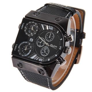 Top Brand Oulm Multi-Function 3-Movt Quartz Leather Wrist Watches for Men - Black