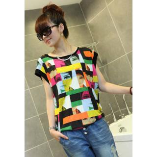 Morden Style Diamond Face Pattern Printed Short Sleeve Cotton Blend Women's T-Shirt