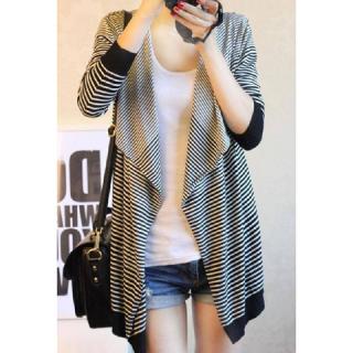 Stylish Loose Fitting Large Collar Stripe Long Sleeve Women's Knitting Cardigan