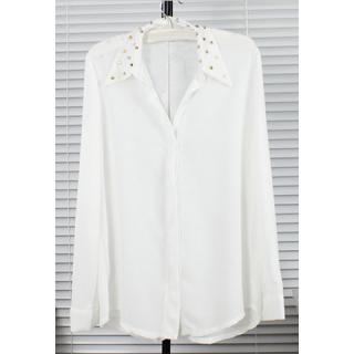 Graceful Invisible Button Design Studded Shirt Collar Long Sleeves Women's White Chiffon Shirt