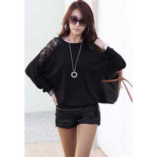 Casual Scoop Neck Long Batwing Sleeve Solid Color Lace Splicing Women's T-Shirt 