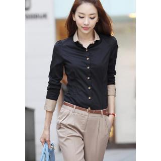 Modern OL Style Shirt Collar Splicing Design Long Sleeve Cotton Blend Women's Shirt