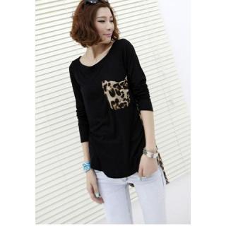 Casual Style Scoop Neck Leopard Splicing Long Sleeve Cotton Blend Women's T-Shirt