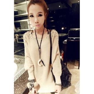 Chic Scoop Neck Solid Color Sequin and Faux Pearl Decorated Shoulder Dolman Long Sleeves Women's Sweater