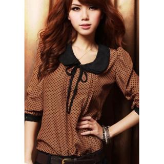 Sweet Scoop Neck Lace Collar Polka Dots Print Long Sleeves Fitted Chiffon Women's Blouse