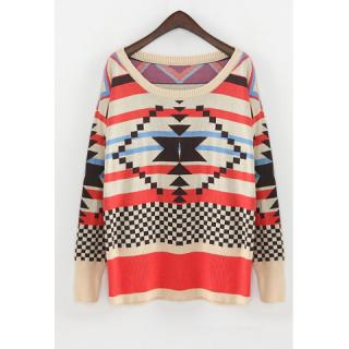 Christmas Style Scoop Neck Colorful Figures Splicing Long Sleeves Knitting Women's Sweater