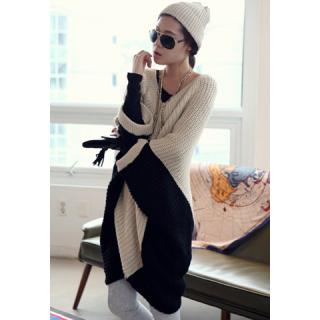 Casual V-Neck Loose-Fitting Color Matching Long Dolman Sleeved Woolen Yarn Women's Sweater