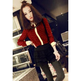 Modern Style Shirt Collar Polka Dot Print Color Block Long Sleeve Chiffon Women's Shirt