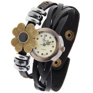 Time Z Quartz Watch with Dots Indicate Round Dial Leather Watchband for Women (Black)