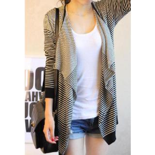 Modern Style Collarless Stripe Irregular Cardigan Design Long Sleeve Cotton Blend Women's Coat