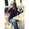 Elegant Round Neck Irregular Hem Loose Fit Long Sleeve Black Color Women's T-Shirt