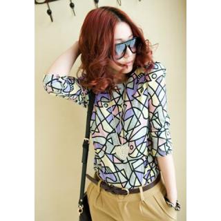 Casual Style Scoop Neck Abstract Geometric Pattern Long Sleeve Cotton Women's T-Shirt