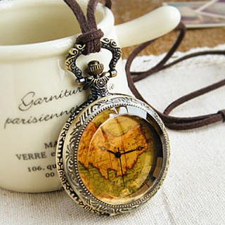 Fashion Retro Style Map Embellished Pocket Watch Design Women's Sweater Chain Necklace